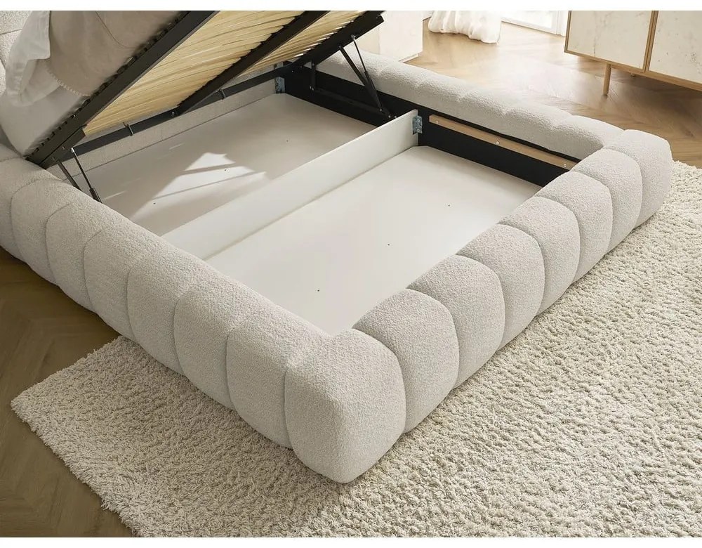 Pat matrimonial bej tapițat cu spațiu de depozitare cu somieră 180x200 cm Mont Blanc – Bobochic Paris
