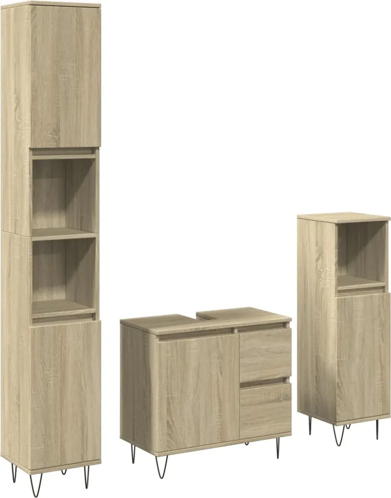 vidaXL Set mobilier de baie, 3 piese, stejar sonoma, lemn prelucrat