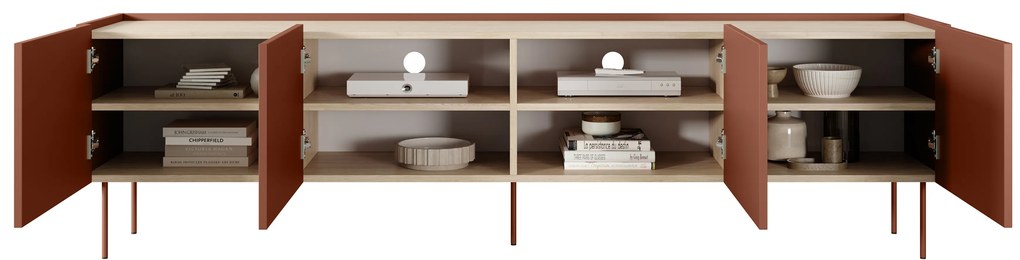 Dulap TV Desin 220 cm cu picioare metalice - ceramica rosu / stejar nagano
