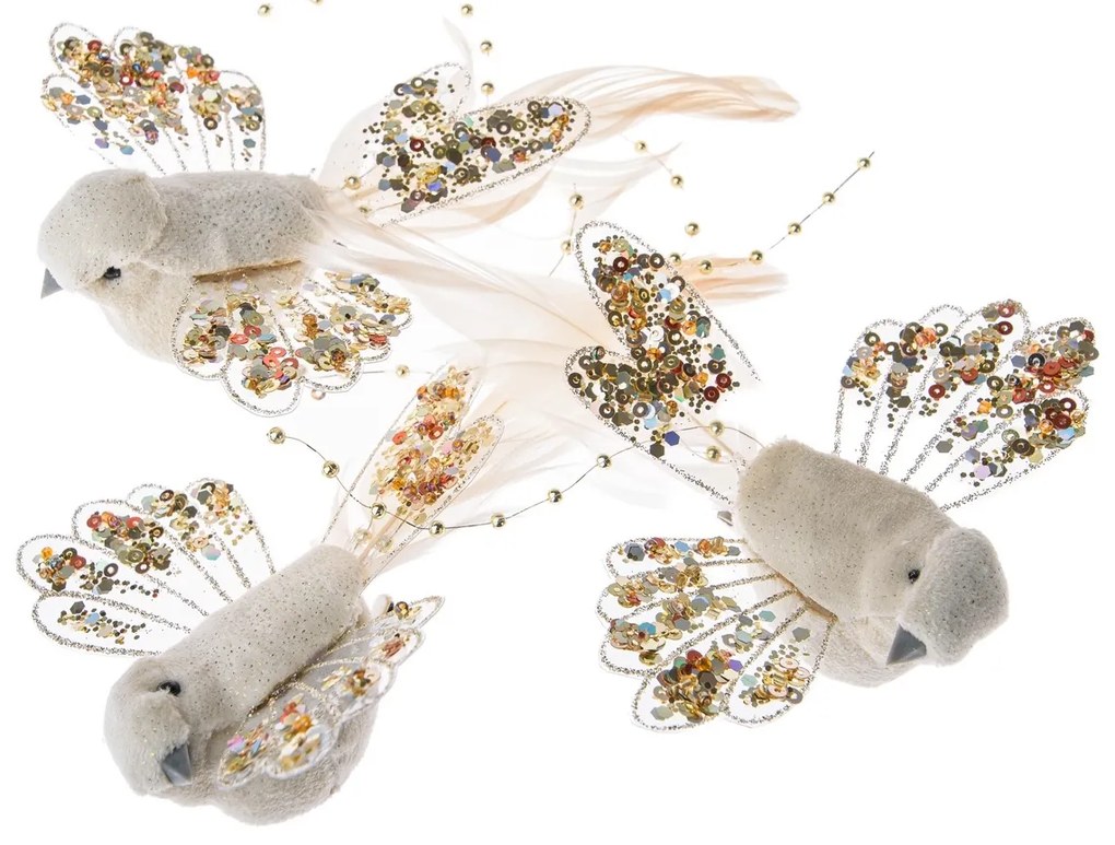 Set de păsări aurii cu clemă, 14 cm, 3 bucăți