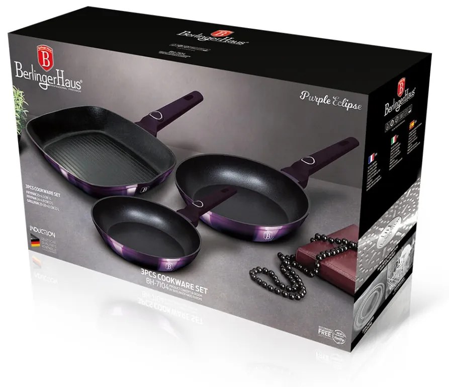 Set 3 tigai Purple Eclipse Collection Berlinger Haus BH 7104, antiaderente, titan, mov, grill, inductie, curatare usoara