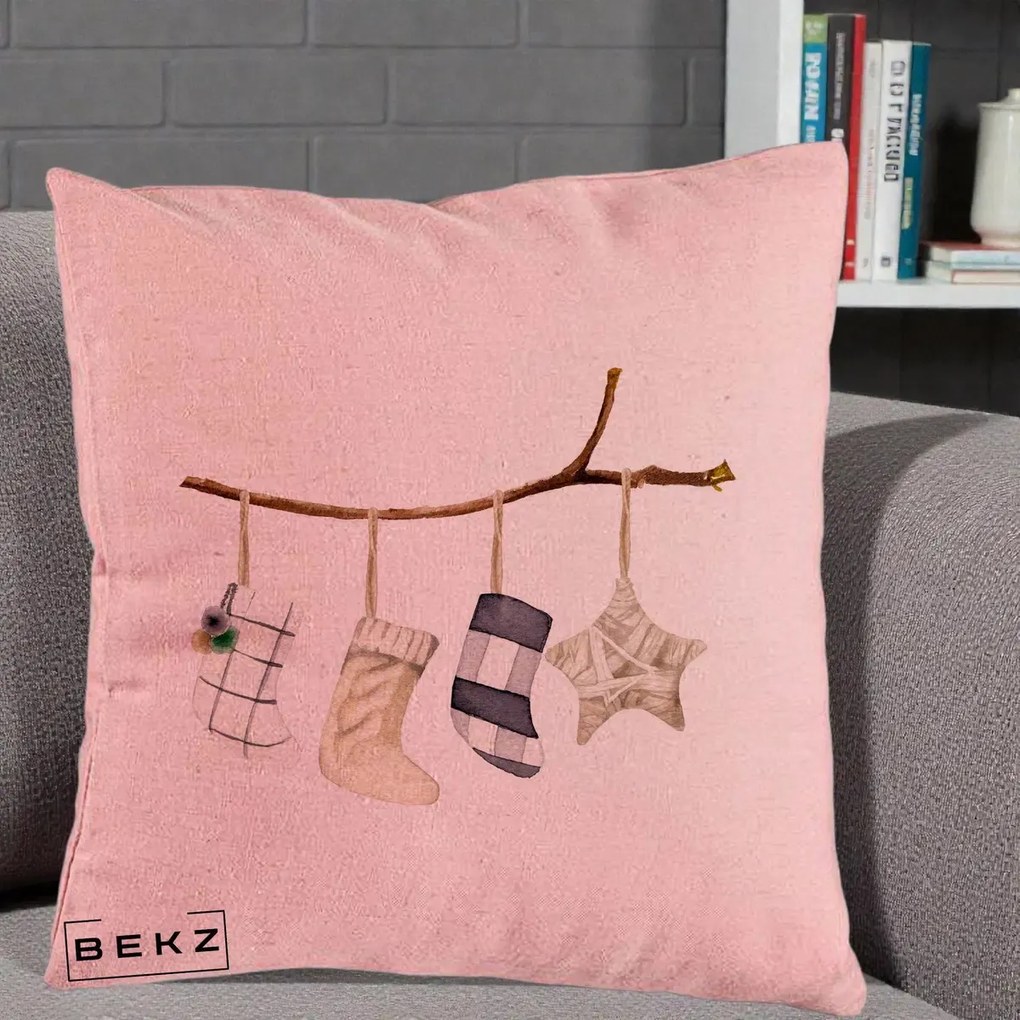 Perna Decorativa Ciorapi de Craciun pe Ramura, 40x40 cm, Roz, Husa Detasabila, Perna Inclusa, BEKZ®