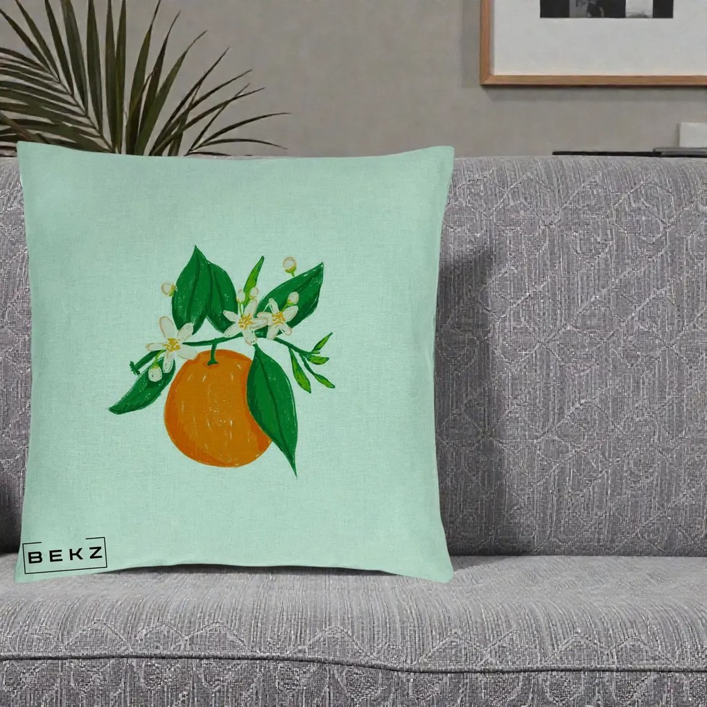 Perna Decorativa Portocala in Floare, 40x40 cm, Verde Menta, Husa Detasabila, Perna Inclusa, BEKZ®