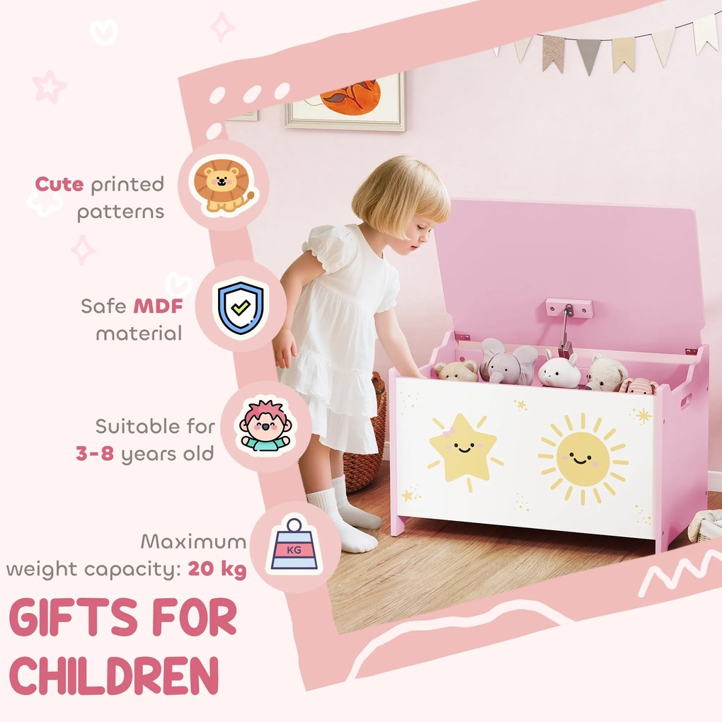 AIYAPLAY Cutie pentru Jucării cu Capac, Balama de Siguranță și Mânere Groove, Organizator pentru Depozitarea Jucăriilor pentru Copii, Camera de Zi, Sala de Joacă, Roz | Aosom Romania