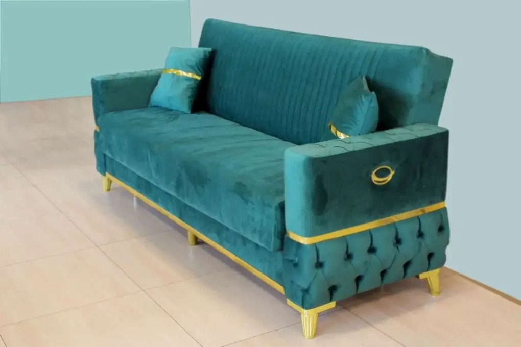 Canapea extensibila cu lada de depozitare 220x90x97 cm – stofa bej, insertii aurii – Vegas