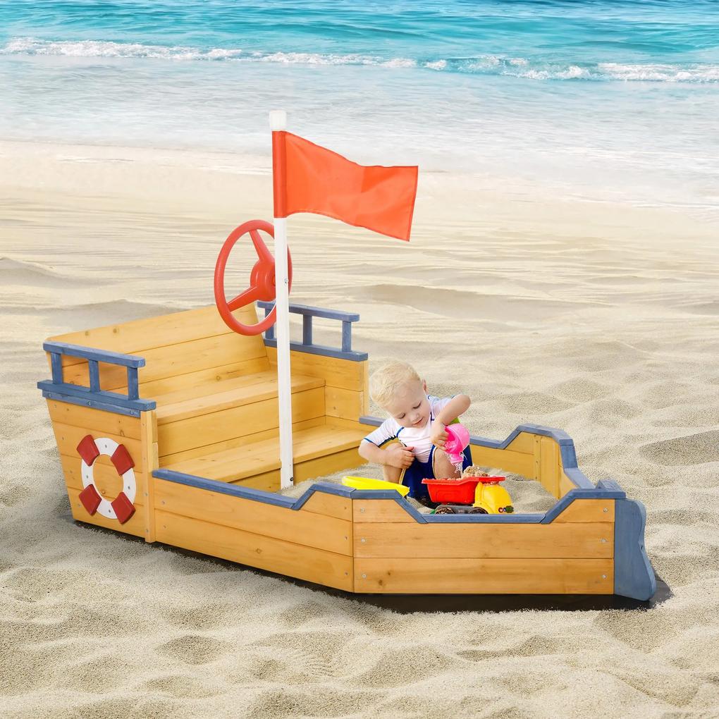 Outsunny  Nisipar din Lemn pentru Copii in Forma de Corabie de Pirati cu Compartiment de Depozitare, Joc de Gradina 158x78x45.5cm