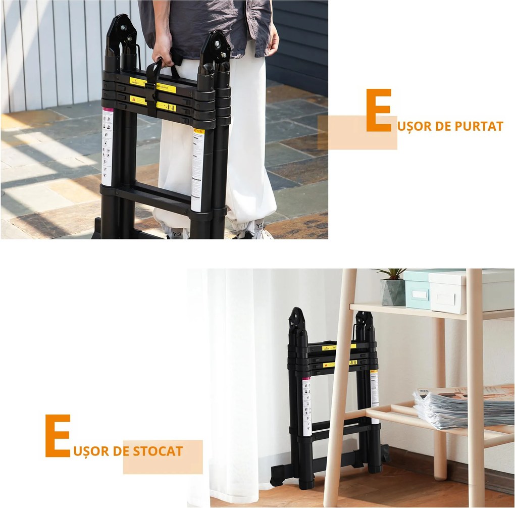 DURHAND Scară Telescopică Pliabilă cu 10 Trepte, Scară Extensibilă din Aluminiu și Metal, 320x67x7 cm, Neagră | Aosom Romania