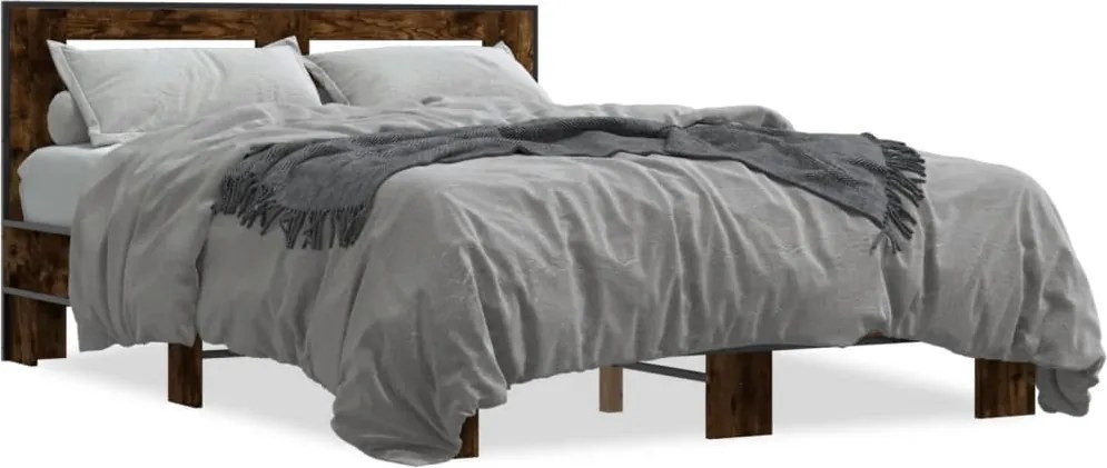 vidaXL Cadru de pat, stejar afumat 135x190 cm lemn prelucrat și metal