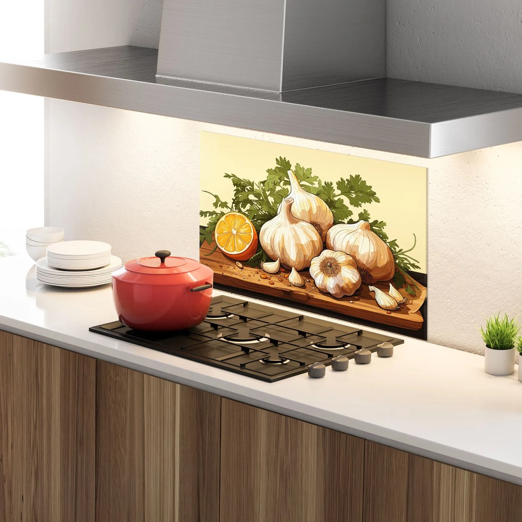 Panou Sticla Bucatarie, 60x100cm, Protectie aragaz, Antistropi, Termorezistent, Alimente, Condimente, Garlic Lemon