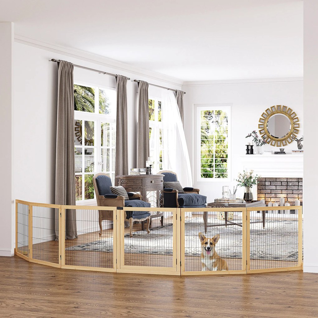 PawHut Barieră pentru animale de companie din lemn de pin, pliabilă 432 x 36 x 70 cm, natural | Aosom Romania