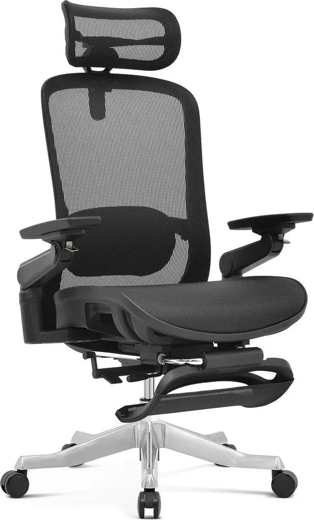 Scaun ergonomic premium Camila-H-MF, masaj lombar, șezut glisant, tetieră 4D, cotiere 6D, reclinare 145°, suport picioare, Full Mesh, bază aluminiu, Negru