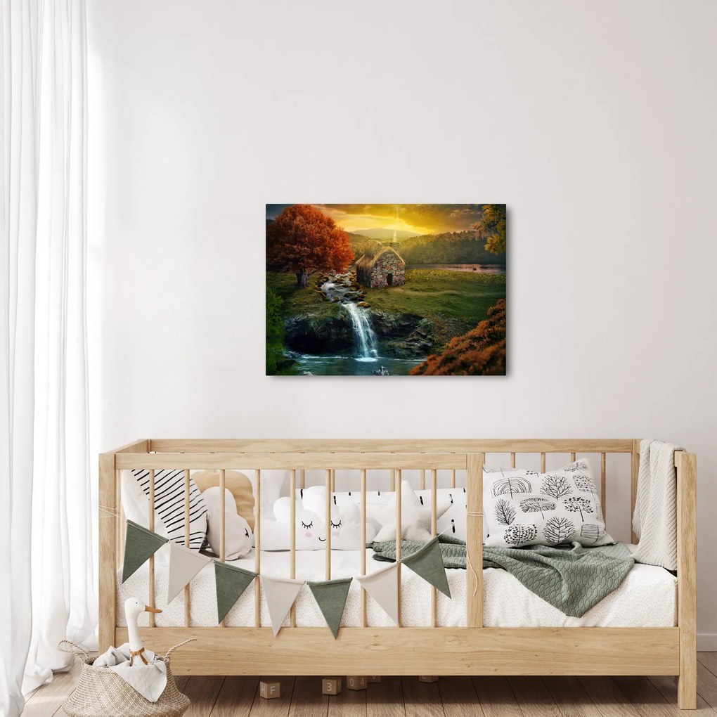 Tablou cu căbănuță în peisaj de poveste (70x50 cm)
