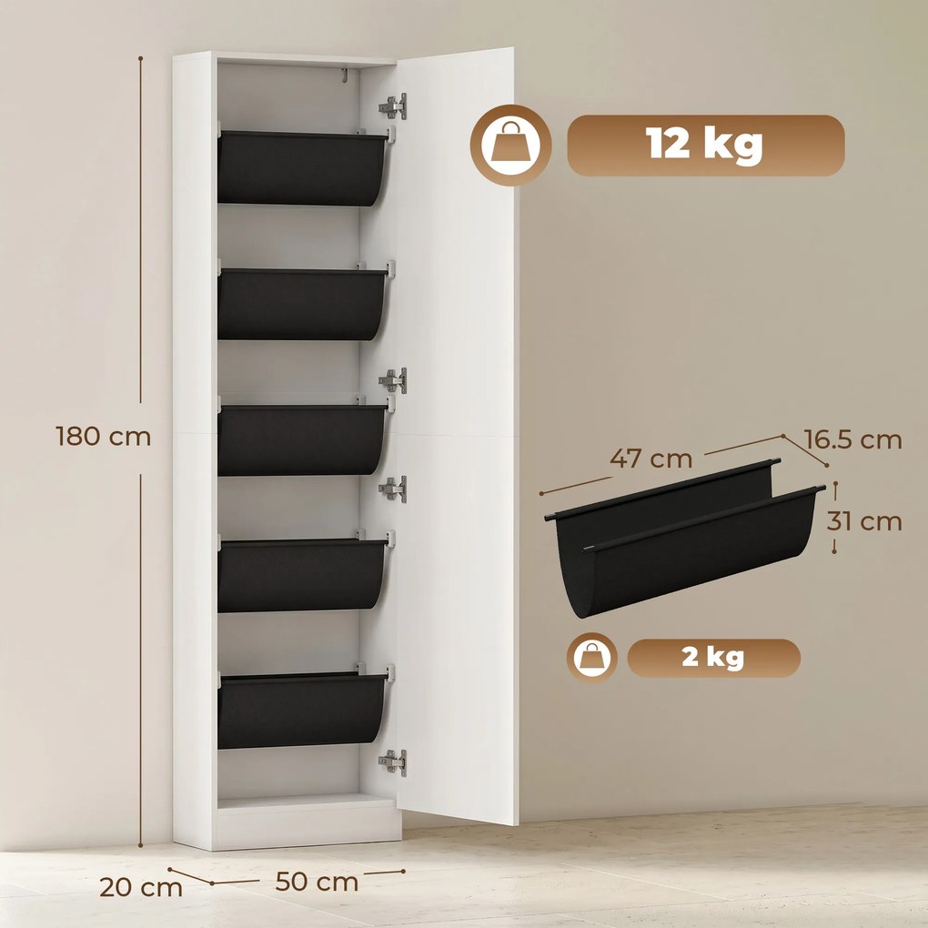 HOMCOM Dulap pentru Pantofi cu Oglindă, Uși Reversibile cu 5 Rafturi din Material Textil, 50 x 20 x 180 cm, Alb | Aosom Romania