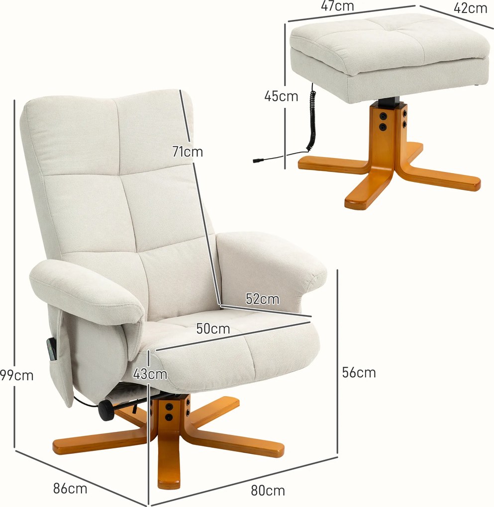 HOMCOM Fotoliu de masaj cu funcție de culcare și taburet, 145° de înclinare, Poliester, 80 x 86 x 99 cm, Crem | Aosom Romania