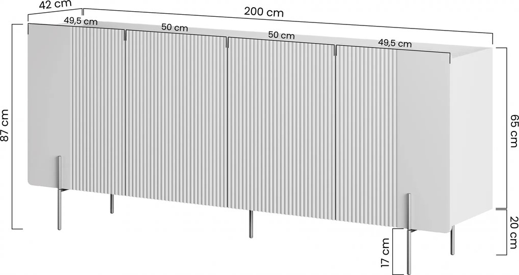 Comodă Malmi 200 cm cu 4 uși - cașmir / picioare aurii
