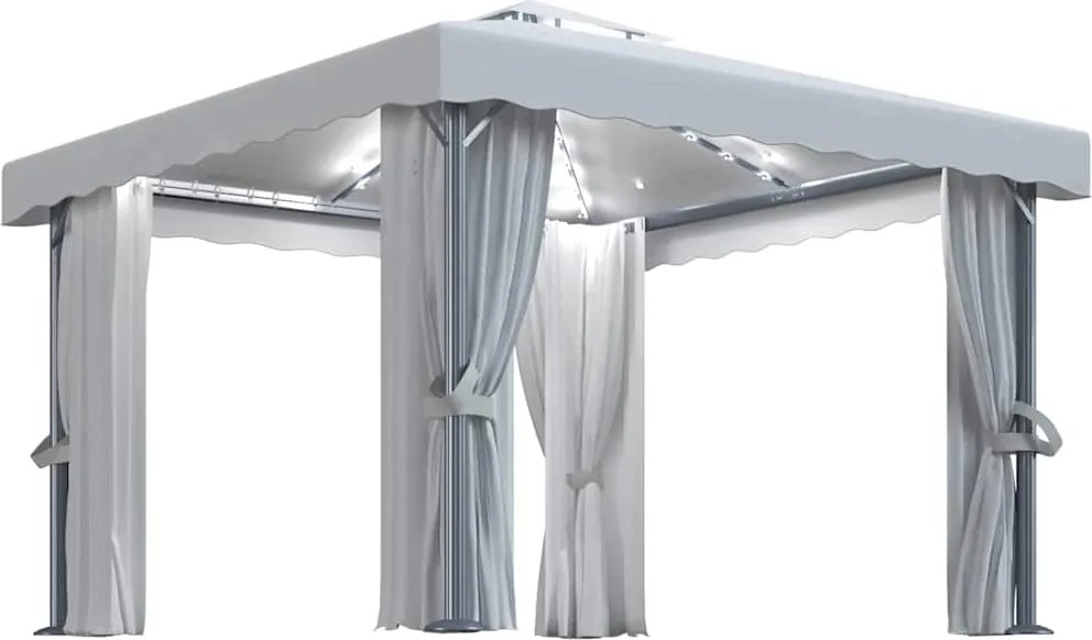vidaXL Pavilion cu perdele & șiruri lumini LED, alb crem, 3x3 m