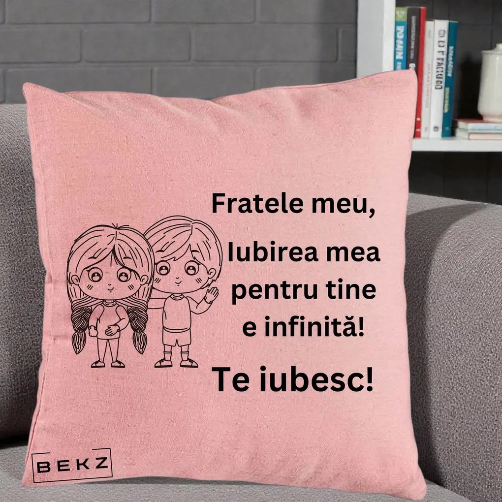 Cadou pentru Frate - Perna Personalizata Fratele Meu Te Iubesc Copii Anime Line Art Negru, 40x40 cm, Roz, Husa Detasabila, Perna Inclusa, BEKZ®