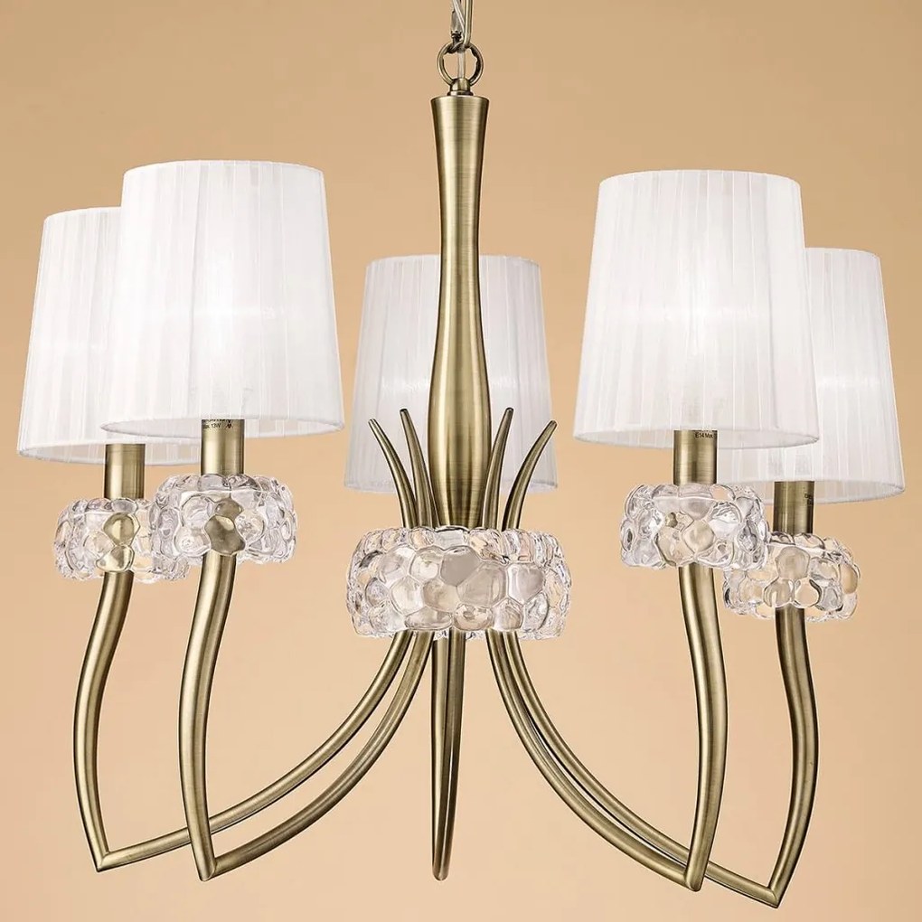 Candelabru clasic cu 5 brate LOEWE antique brass/ abajur alb