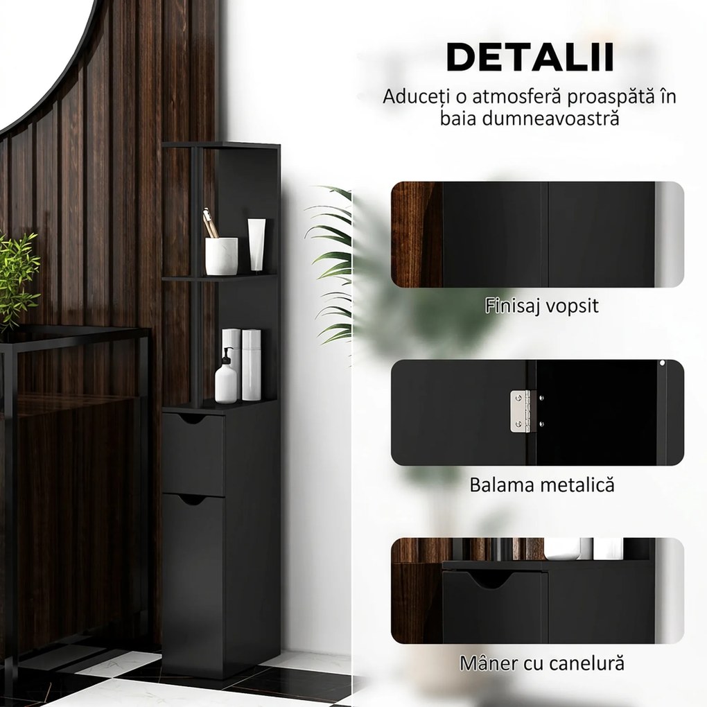 Kleankin Coloană de Baie cu 2 Rafturi și 2 Dulapuri, Mobilier Înalt de Baie Spațios din MDF, 15,2x29,8x118 cm, Negru | Aosom Romania