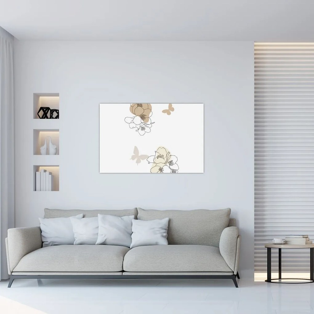 Tablou - Flori bej cu fluture N⁰2 (90x60 cm)