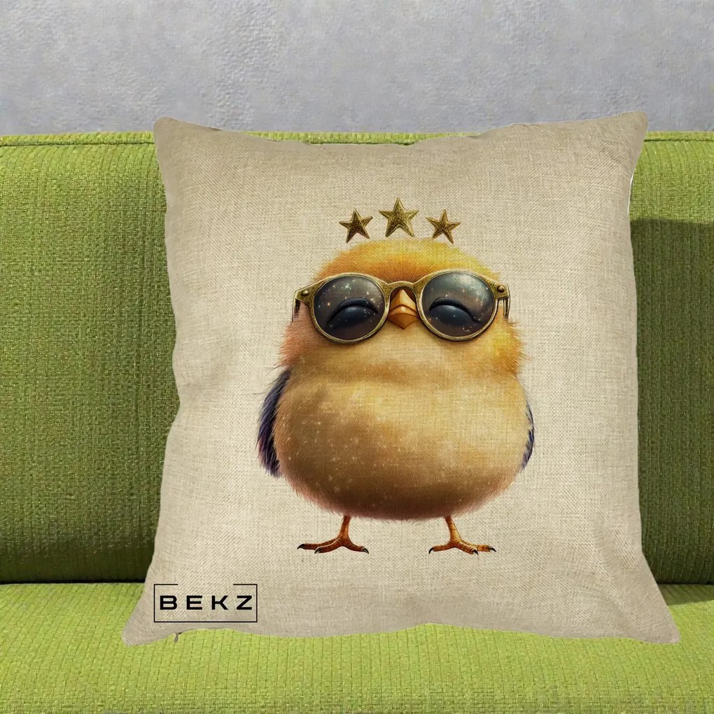 Perna Decorativa Pui Gold Star cu Ochelari Aurii, 40x40 cm, Crem, Husa Detasabila, Perna Inclusa, BEKZ®