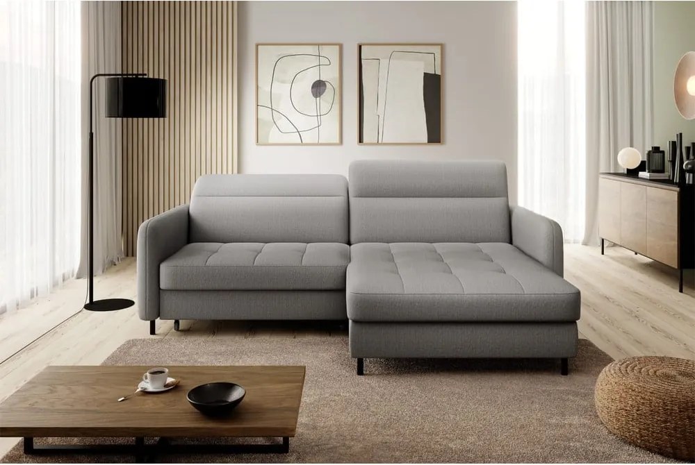 Colțar gri extensibil/cu spațiu de depozitare cu tapițerie din catifea (cu colț pe partea dreaptă/cu șezlong) Gomsi – ELTAP