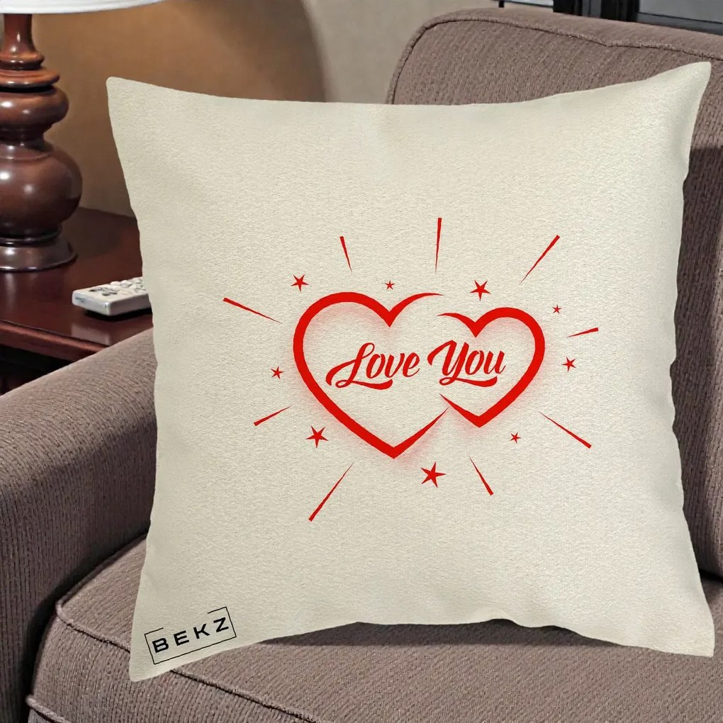 Cadou Romantic - Perna Personalizata Love You Doua Inimi, 40x40 cm, Ecru, Husa Detasabila, Perna Inclusa, BEKZ®