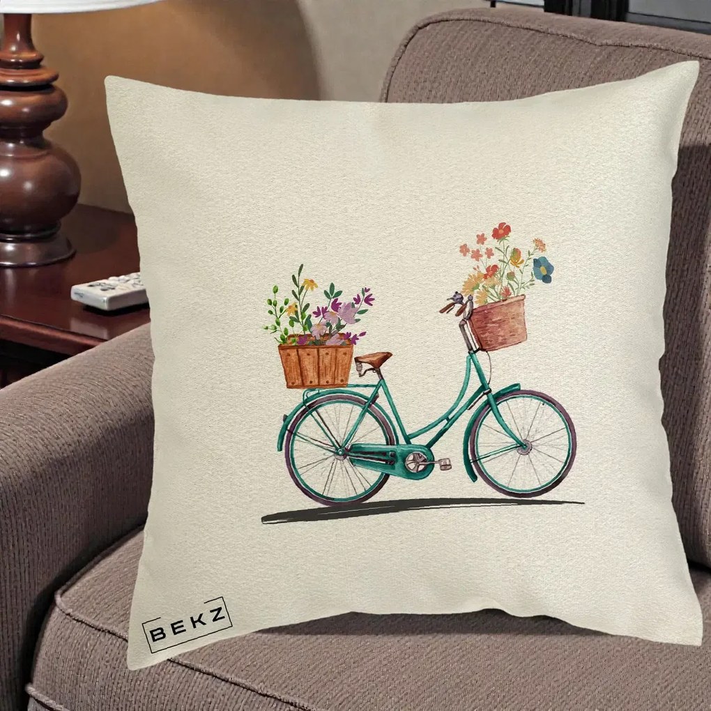 Perna Decorativa Bicicleta Florala Turcoaz Acuarela, 40x40 cm, Ecru, Husa Detasabila, Perna Inclusa, BEKZ®