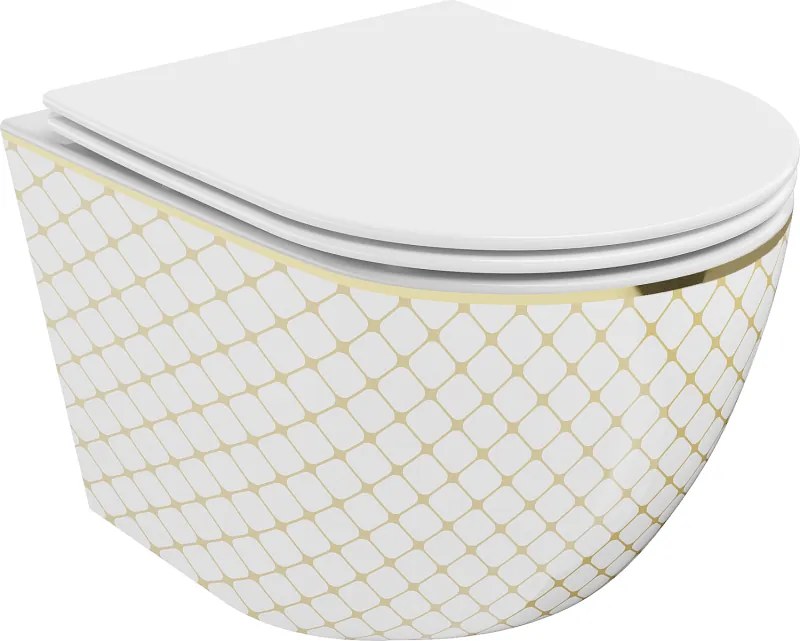 Mexen Lena toaletă WC fără margini cu capac slim cu închidere lentă, duroplast, albă/auriu model grilă - 30224009