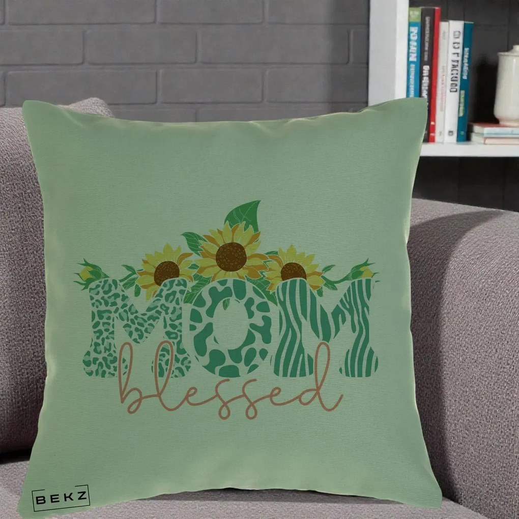 Cadou pentru Mama - Perna Personalizata Mom Blessed cu Floarea Soarelui Animal Print Teal, 40x40 cm, Verde, Husa Detasabila, Perna Inclusa, BEKZ®