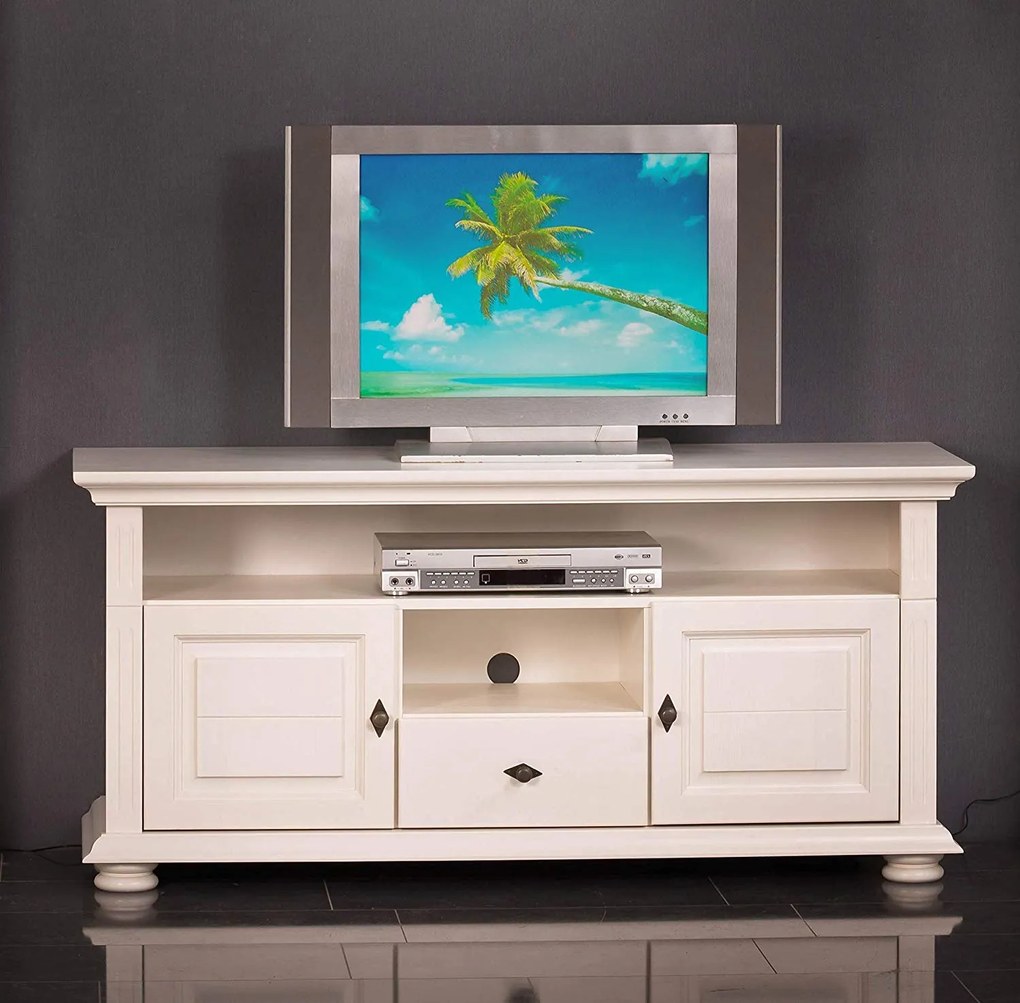 Comodă TV lemn masiv alb Ariana, 137 × 45 × 65 cm
