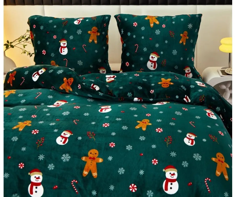 Lenjerie de pat din microplus SNOWMAN AND GINGERBREAK verde + cearsaf din microplus SOFT 90x200 cm alb