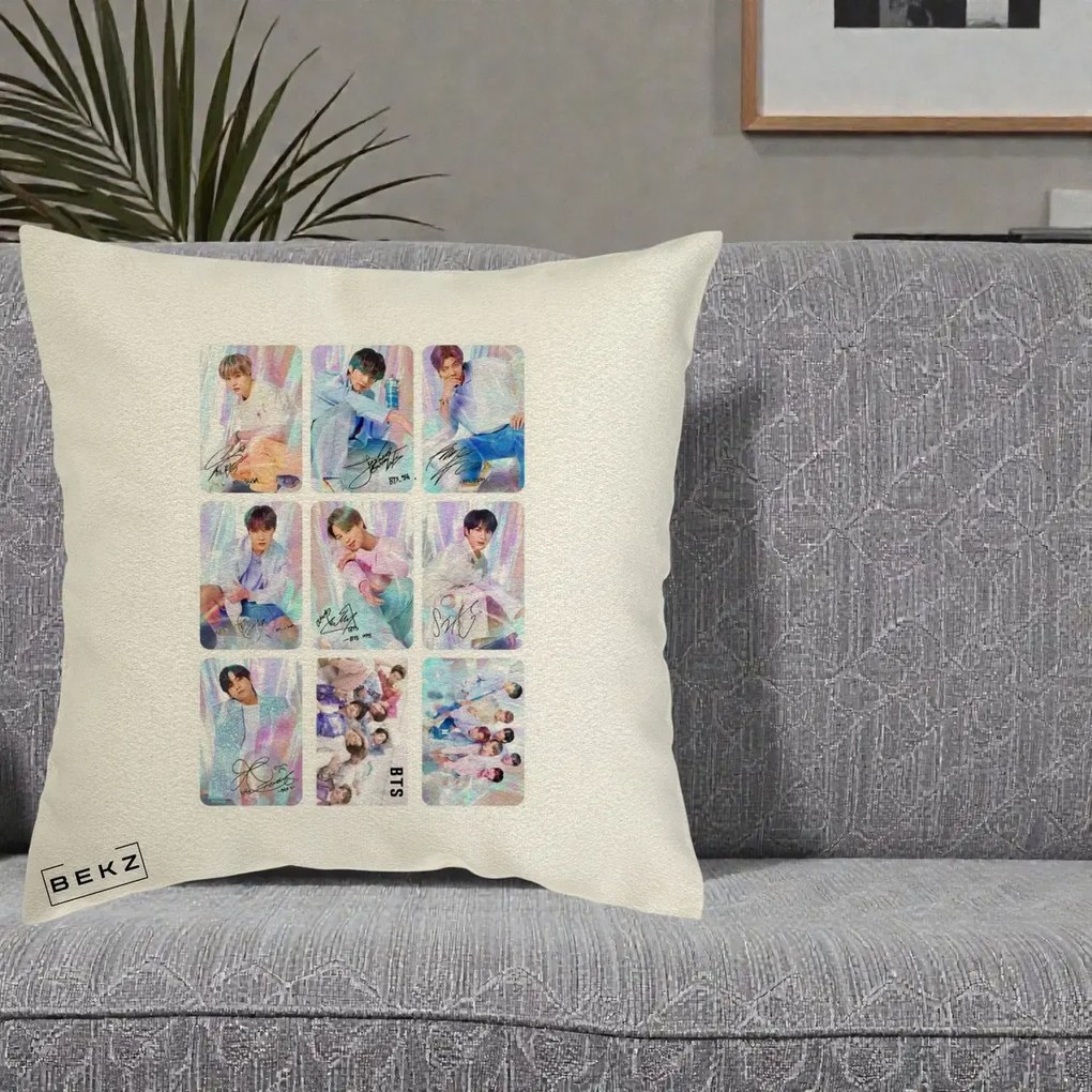 Perna Personalizata K-pop BTS Colaj 9 Fotografii Autografe Individual, 40x40 cm, Ecru, Husa Detasabila, Perna Inclusa, BEKZ®