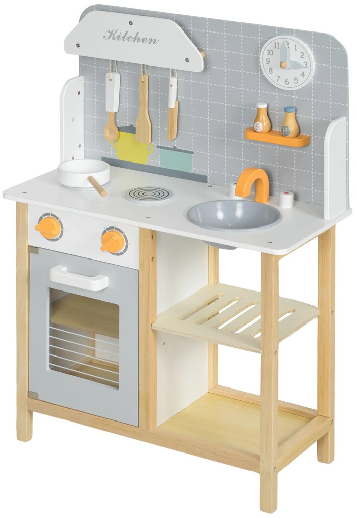 AIYAPLAY Bucătărie de jucărie cu accesorii, plită &amp; cuptor, chiuvetă, ceas, rafturi, pentru 3-6 ani, Gri | Aosom Romania