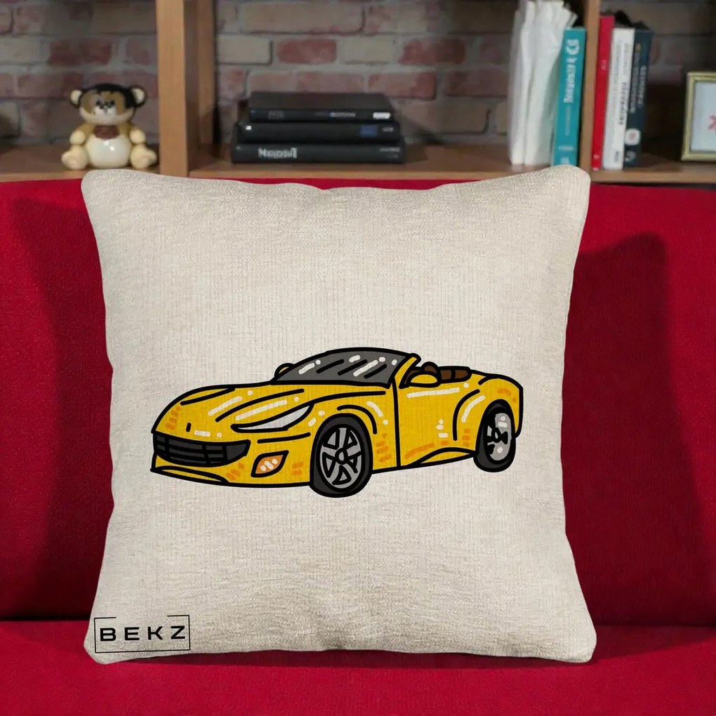 Perna Personalizata Masina Cabriolet Galbena Grafic, 40x40 cm, Bej Canapea, Husa Detasabila, Perna Inclusa, BEKZ®