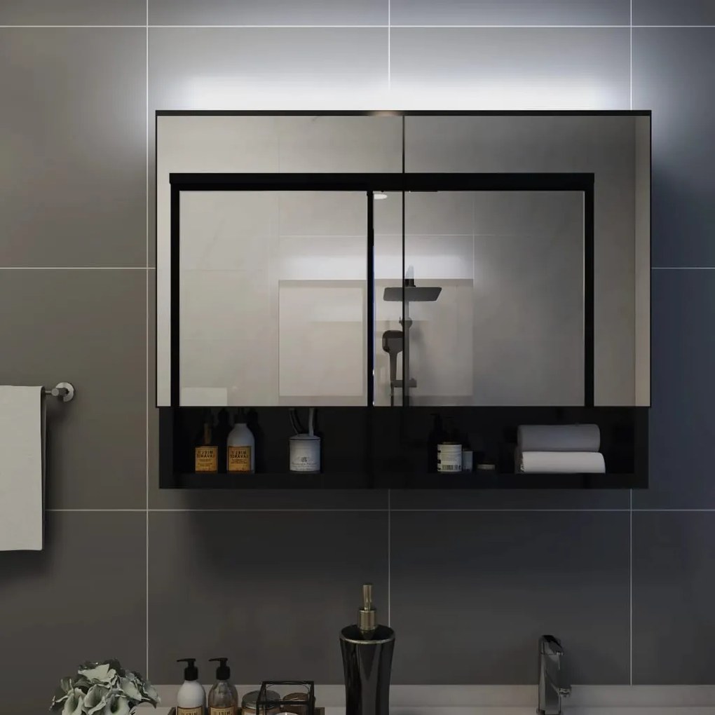 Dulap de baie cu oglinda si LED-uri, negru, 80x15x60 cm, MDF Negru