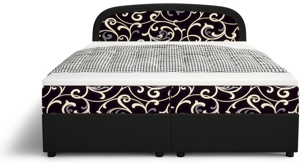 Pat matrimonial Boxspring 180 cm Brick (negru + motiv flori) ( cu saltea și sp. depozitare). 1046409