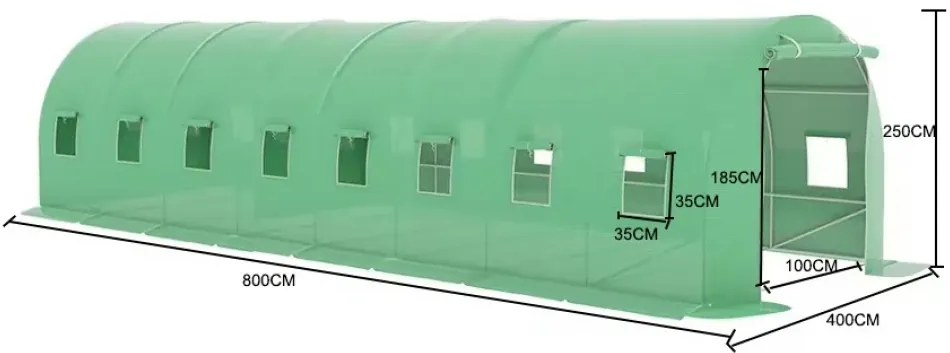 FOLIE solar de grădină, 4x8 m, 32 m², PE armată, rezistentă 180g/m2, cu filtru UV, impermeabila, 16 ferestre rulante, Verde, GH48C,