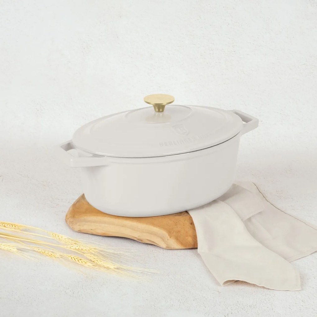 Oală din fontă emailată ovală cu capac 30 cm, 4.65L – Berlinger Haus Sahara Collection BH 6540, crem, pentru cuptor și coacere lentă
