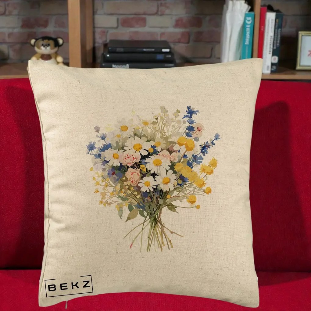 Perna Decorativa Buchet Camp Acuarela Margarete-Lavanda, 40x40 cm, Bej, Husa Detasabila, Perna Inclusa, BEKZ®