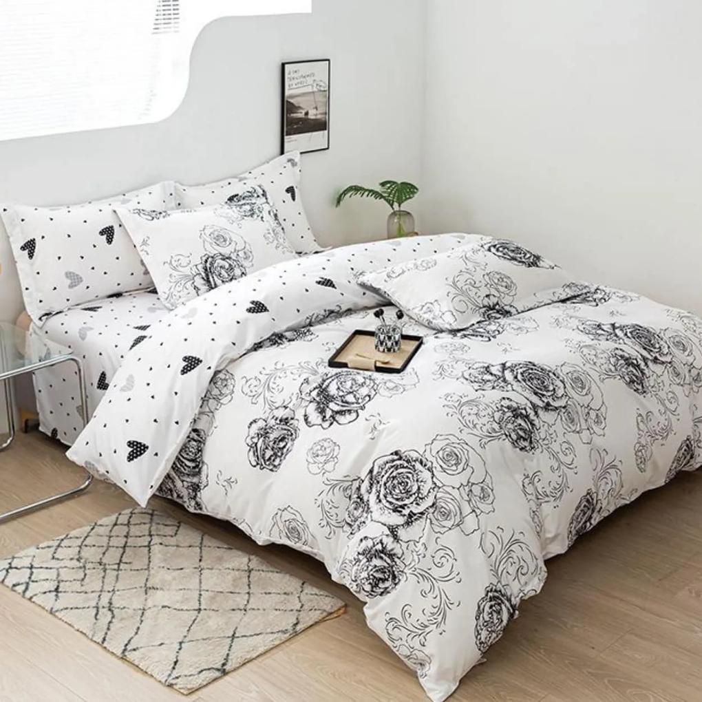 Lenjerie de pat cu 2 fete, policoton, 4 piese, pat 2 persoane, alb / negru, A50-639