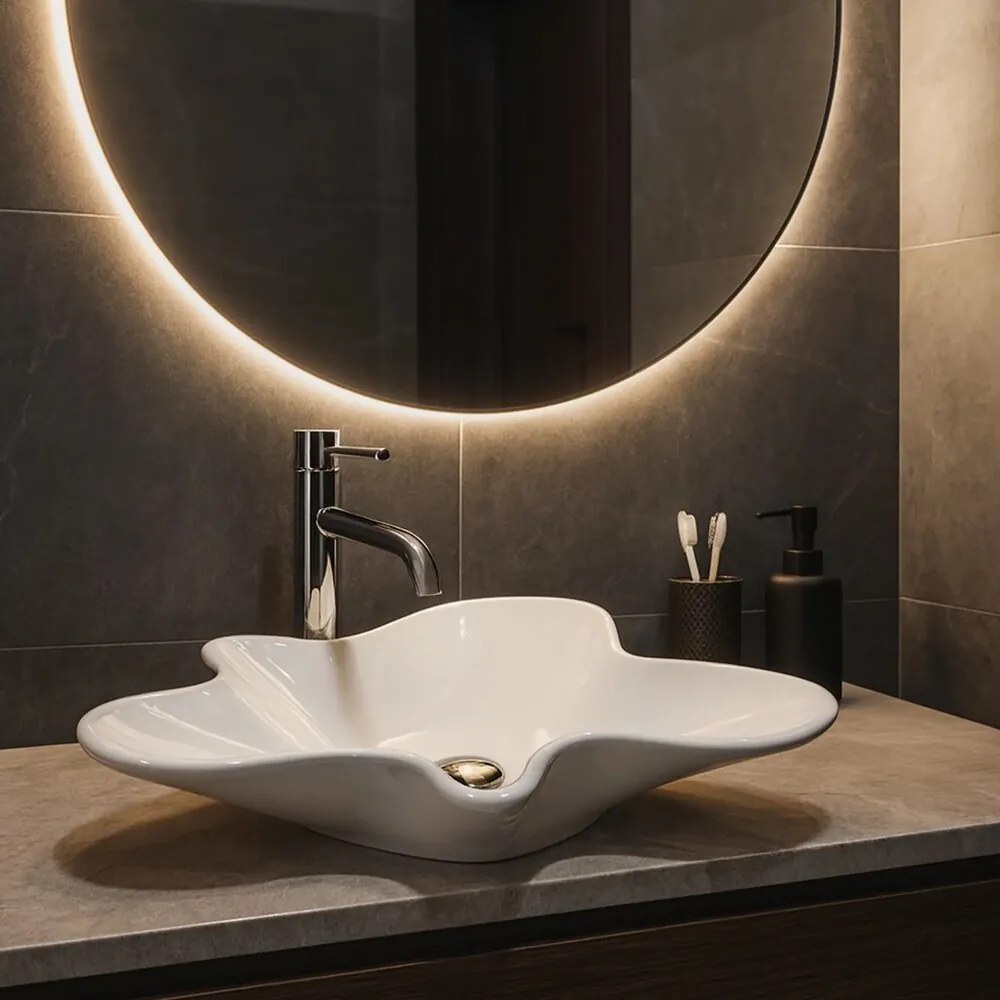 Lavoar pe blat Rea Izolda asimetric 53 cm alb lucios