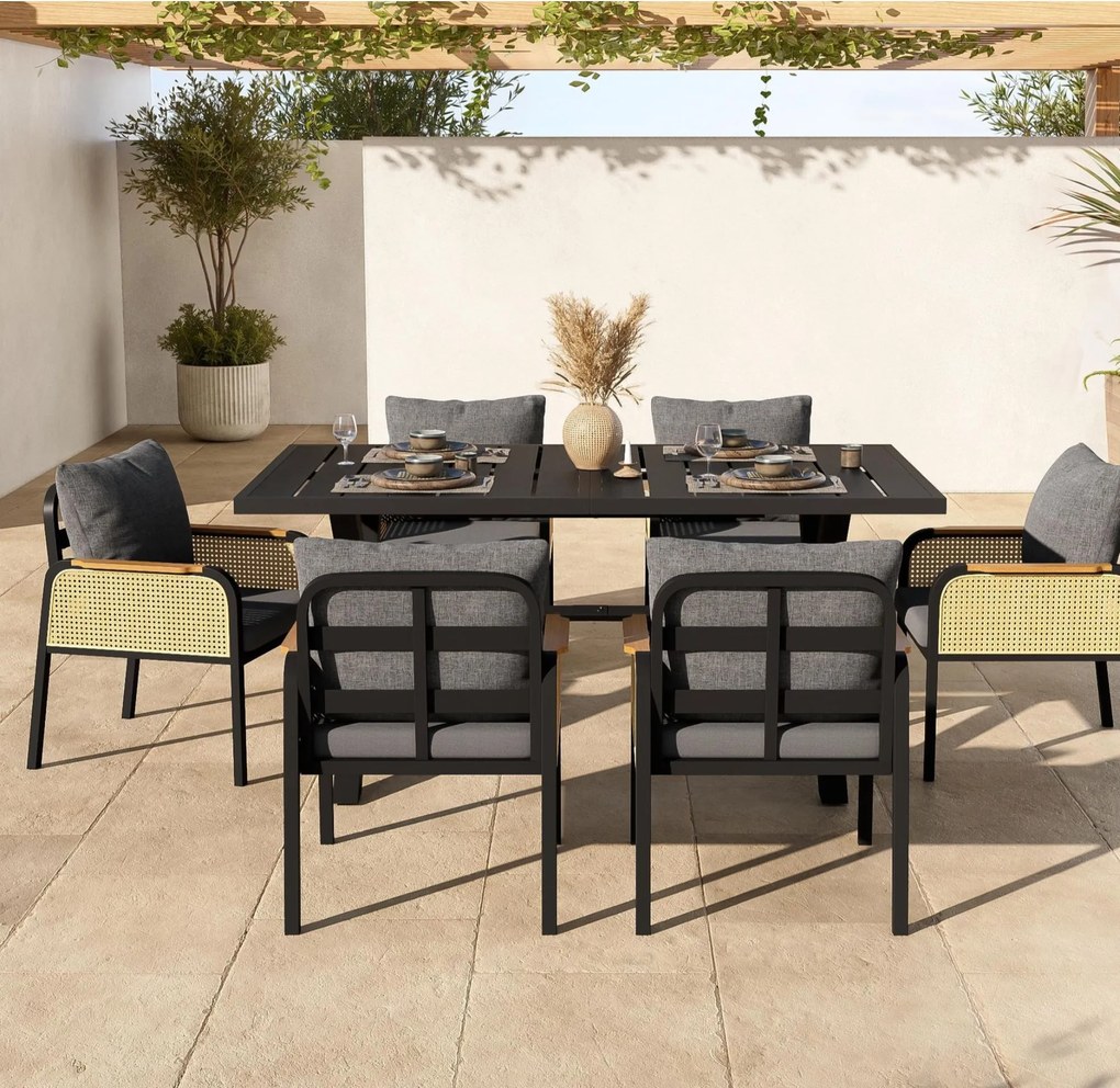 Set modern de masă pentru grădină și terasă, 6 piese, cu cadru din fier în formă de cruce, Negru+Culoare naturală