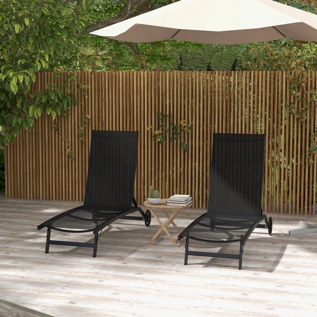 Outsunny Set de 2 șezlonguri din aluminiu și textilenă cu roți, spătar înclinabil, greutate max. 150 kg, negru | Aosom Romania