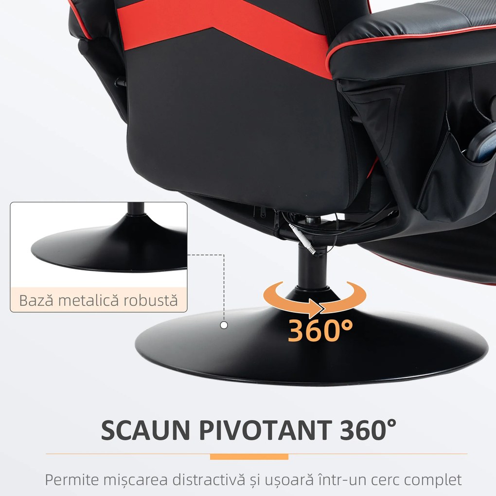 HOMCOM Scaun de Gaming cu Masaj, Suport pentru Picioare și Pernă, din Piele Sintetică, 78x80x111,5 cm, Negru și Roșu | Aosom Romania