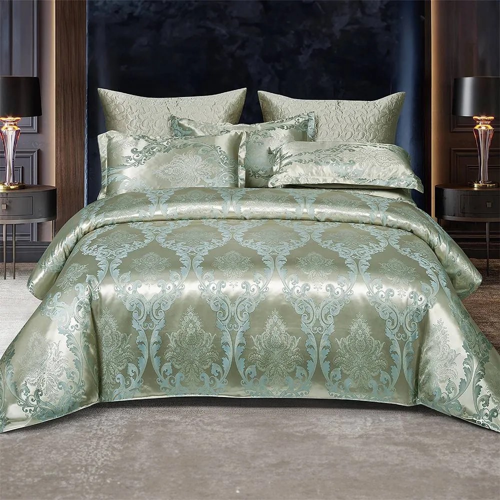 Lenjerie de pat Dublu, Colecția Deluxe (Model Royal), cu 6 Piese din Jacquard + Finet satinat, Culoare Verde olive