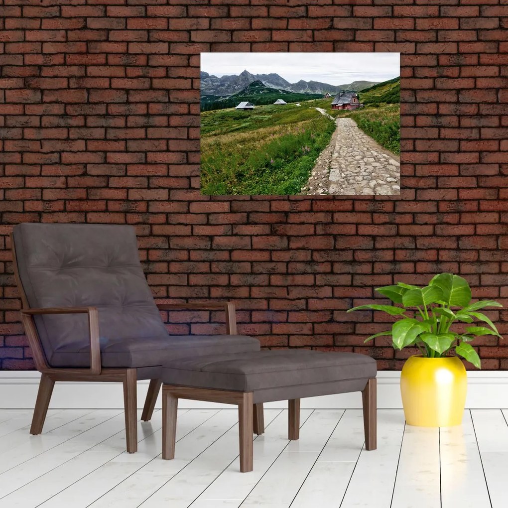 Tablou pe sticlă - Peisaj montan cu case (70x50 cm)