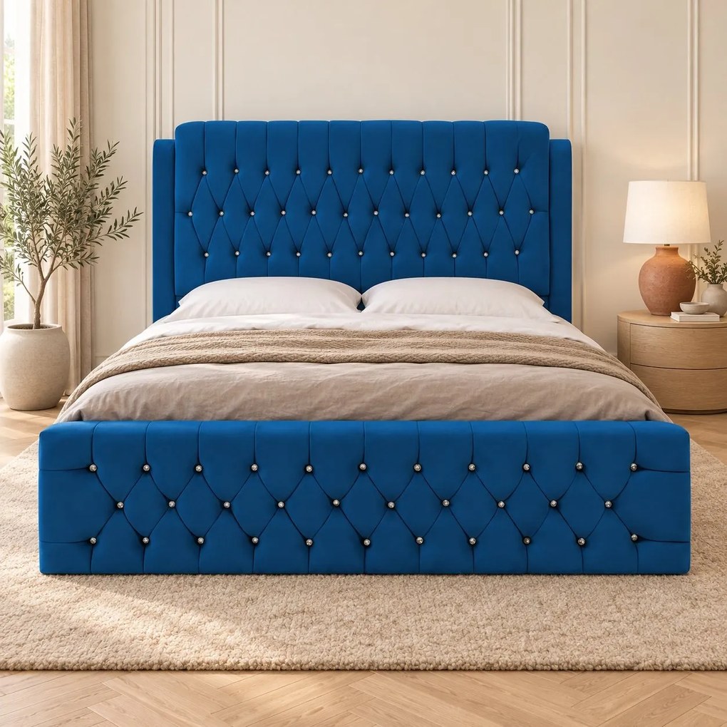 Pat tapițat Chesterfield din catifea Aveline Deluxe 180×200 cm, albastru, cu ladă de depozitare