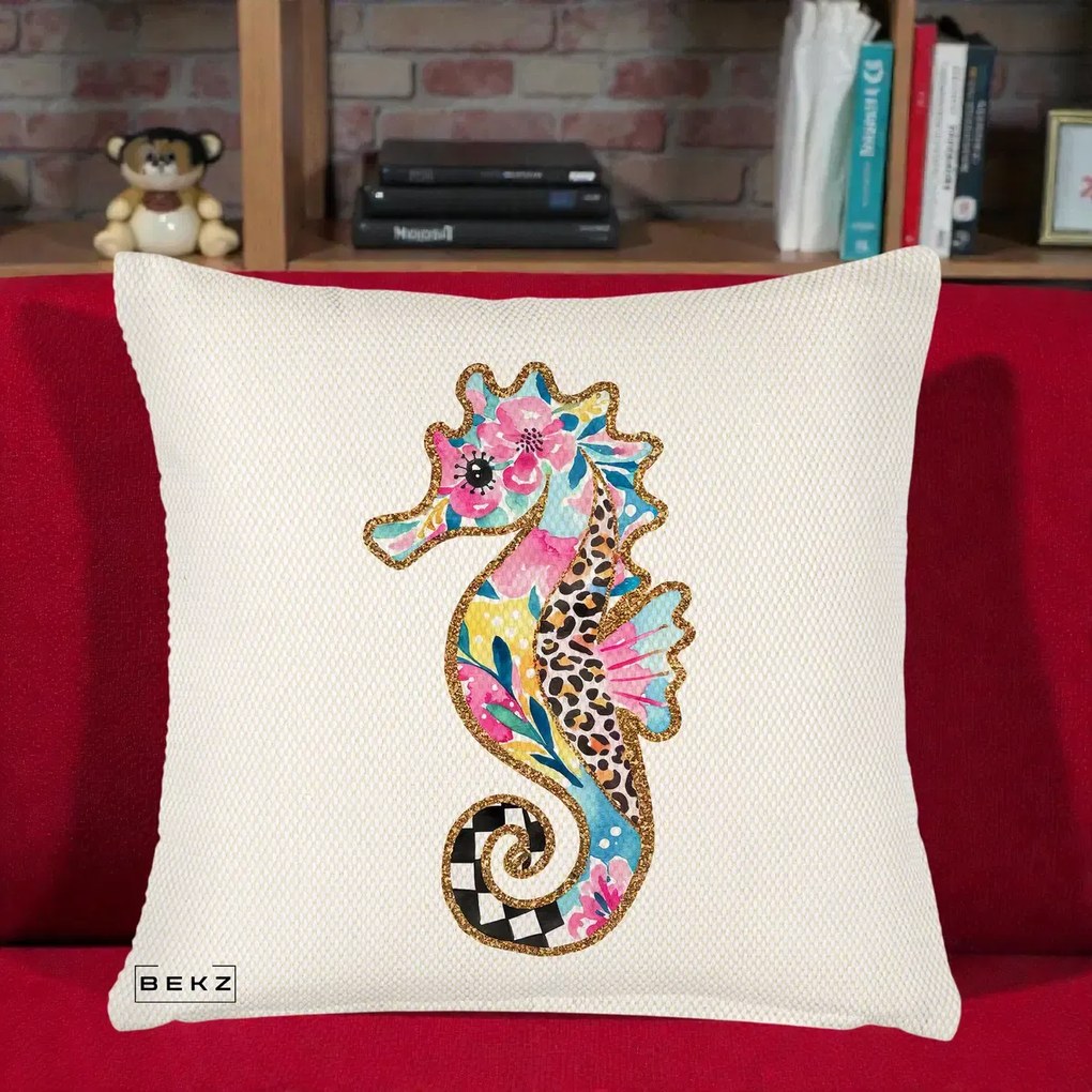 Perna Decorativa Calut de Mare Glitter Tropical, 40x40 cm, Crem Reliefat, Husa Detasabila, Perna Inclusa, BEKZ®