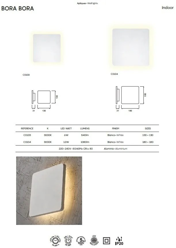 Aplica LED stil ambiental BORA BORA square 3000K 12W alba MA-C0104